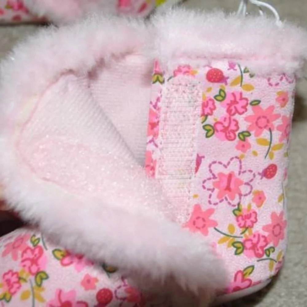 Girls Baby Booties Crib Shoes 4 Jumping Beans Pink Floral Faux Trim Velcro Side